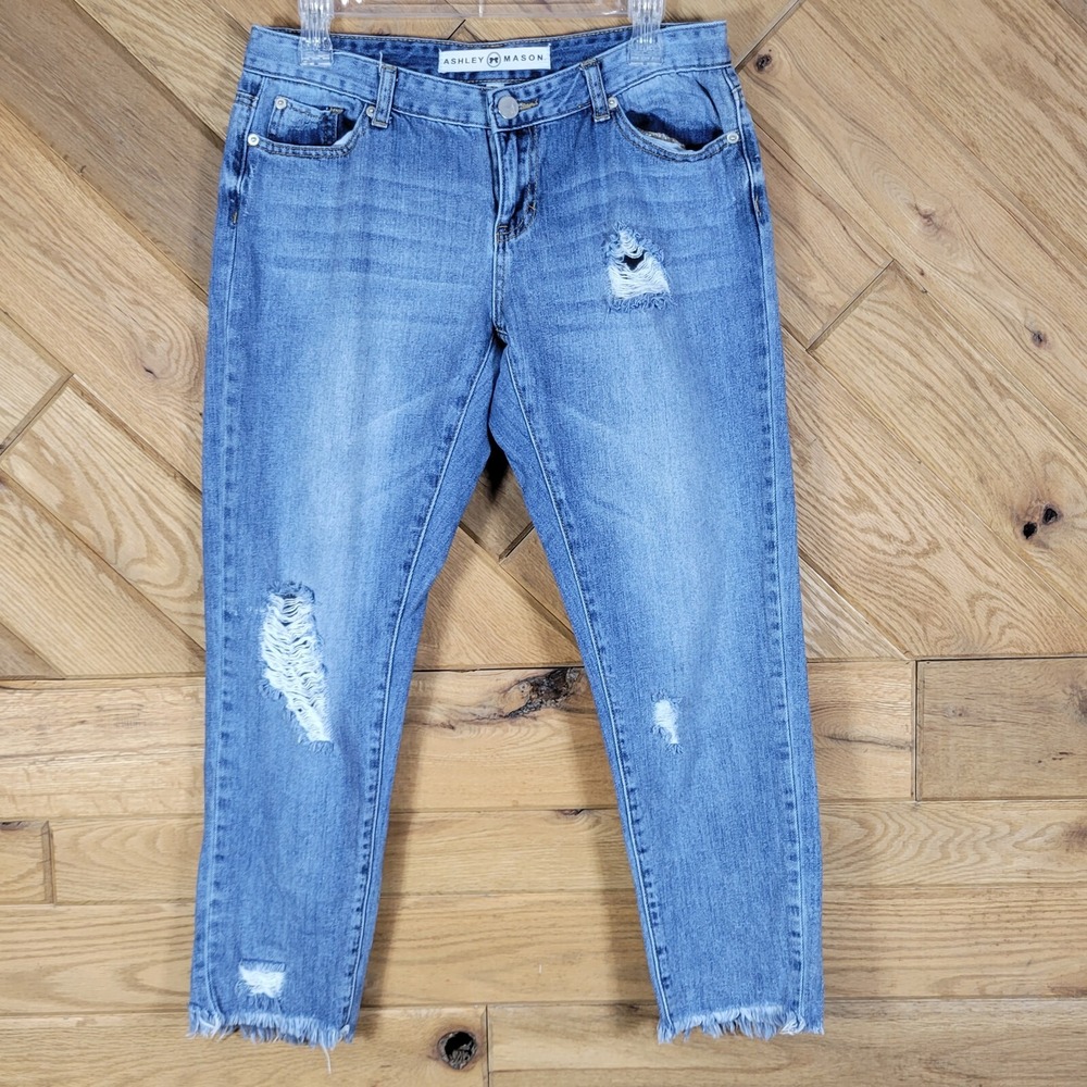 Ashley Mason Womens Denim Distressed Raw Hem Ankle Jeans Blue Juniors Size 7